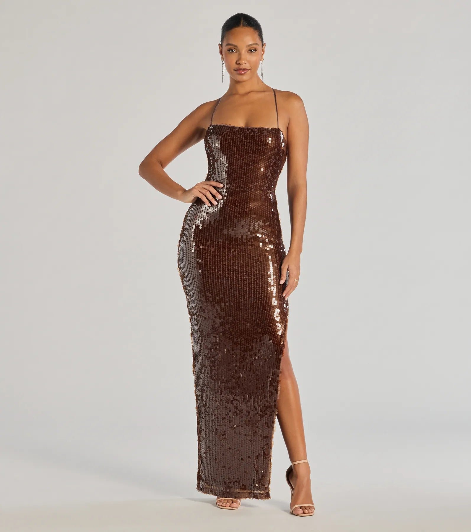 05002-8401_1_BROWN_NayaLaceUpHighSlitSequinFormalDress Naya Lace-Up High Slit Sequin Column Dress - Image 1