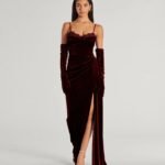 Inez Beaded Applique Velvet Formal Column Dress With Gloves
