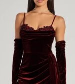 Inez Beaded Applique Velvet Formal Column Dress With Gloves - Image 3