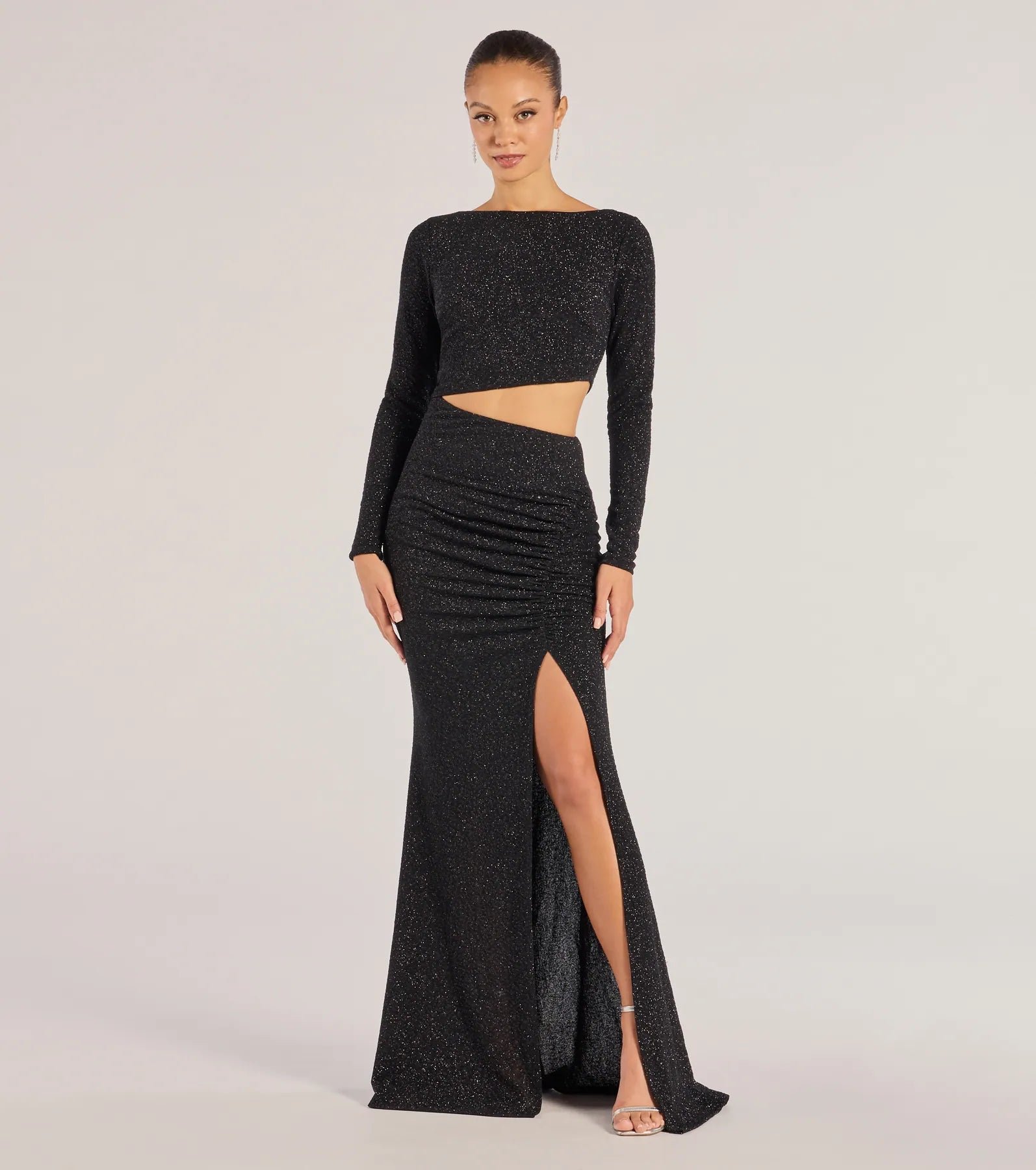 05002-8664_1_BLACK_BrynnLongSleeveGlitterCutoutMermaidDress_bd44a602-82b3-4499-b054-338d79e3ab12 Brynn Long Sleeve Glitter Cutout Mermaid Dress - Image 1