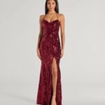 Meara Sequin Velvet Hight Slit Column Dress