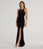 Ilse Velvet Bow Strap High Slit Mermaid Dress - Image 4