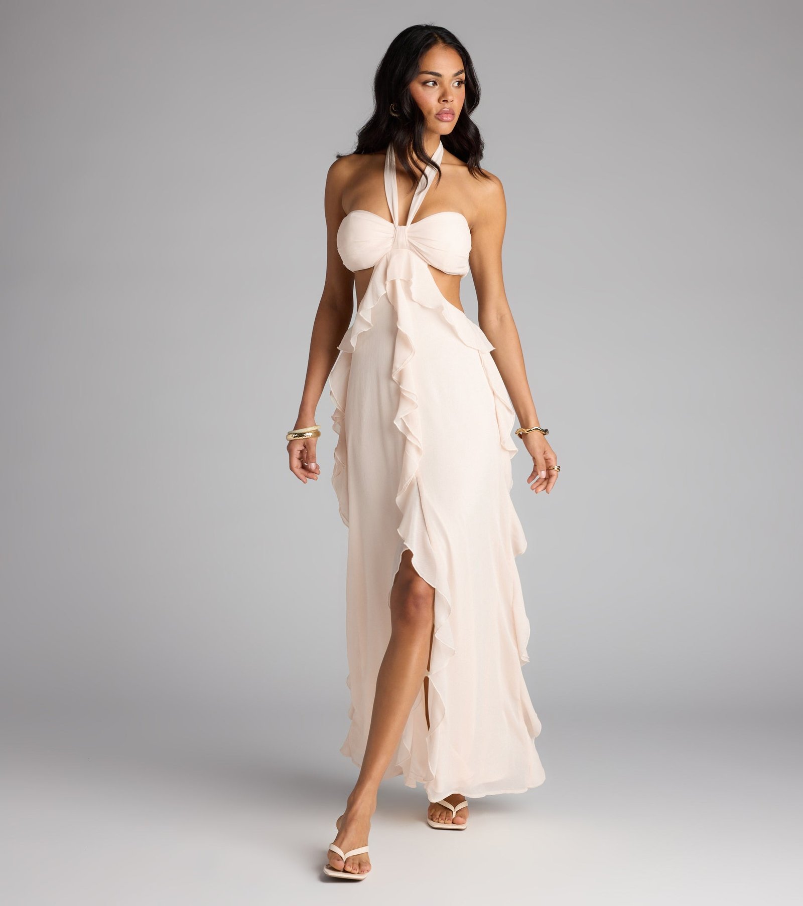 05101-000201_1 Ruffle and Ready Chiffon Halter Maxi Dress - Image 1