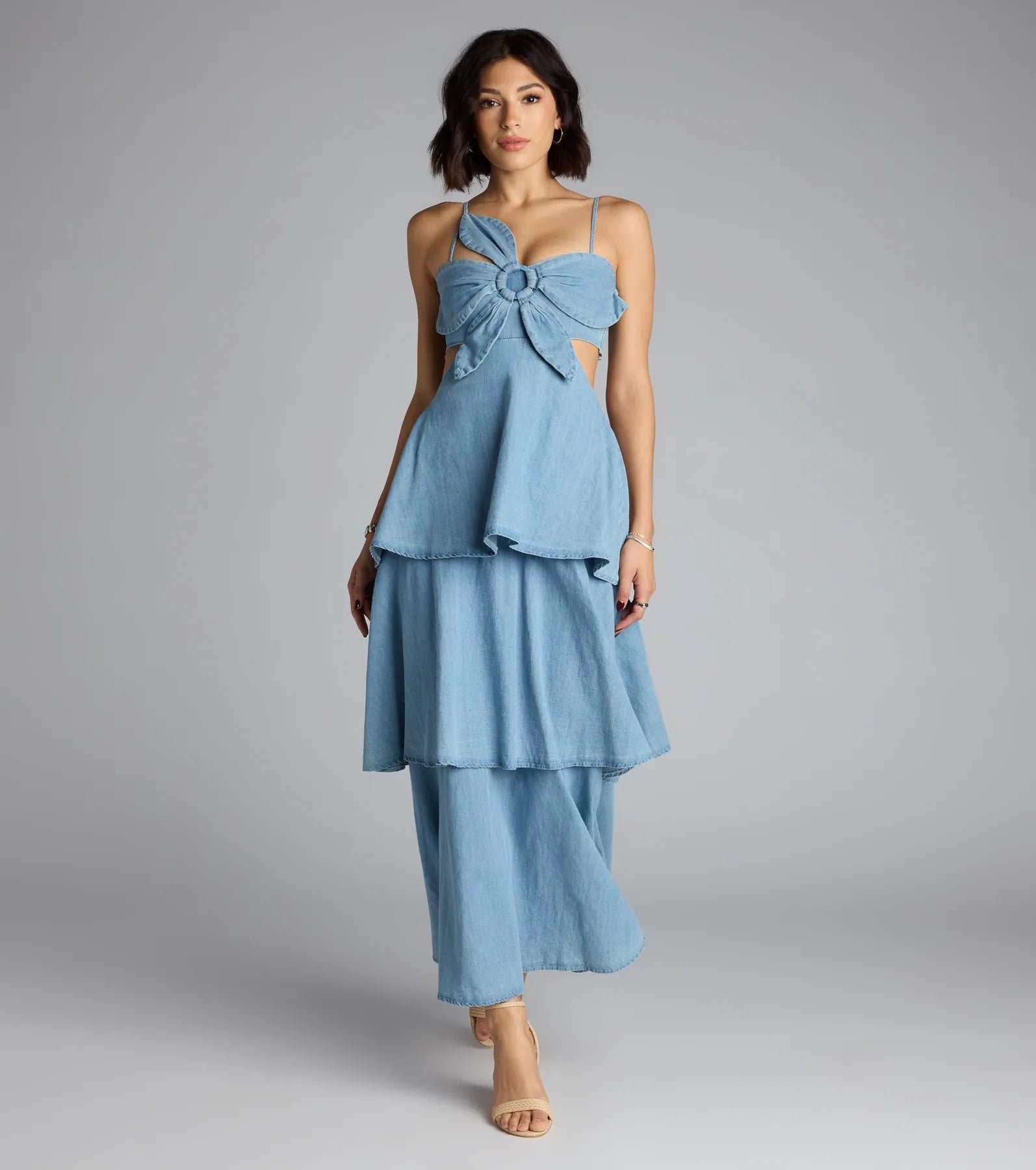 05102-000131_1_DENIM_03DENIMASYMSOGSTRAPORINGTIEREDMAXI05102000131048 Ruffle Realness Denim Cutout Maxi Dress - Image 1