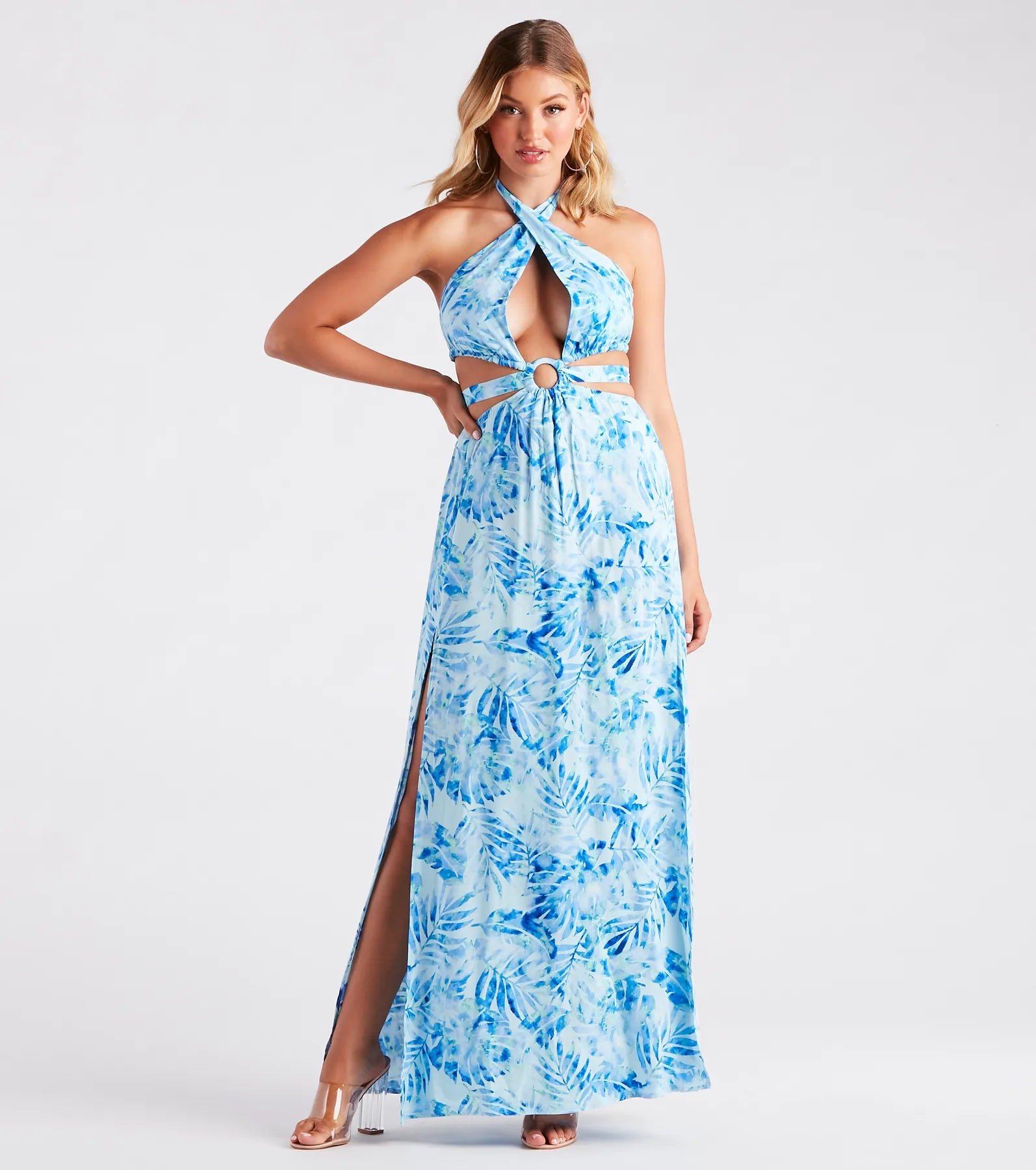 05102-5087_1_BLUE_MiamiMoodTropicalPrintCutoutMaxiDress Miami Mood Tropical Print Cutout Maxi Dress - Image 1