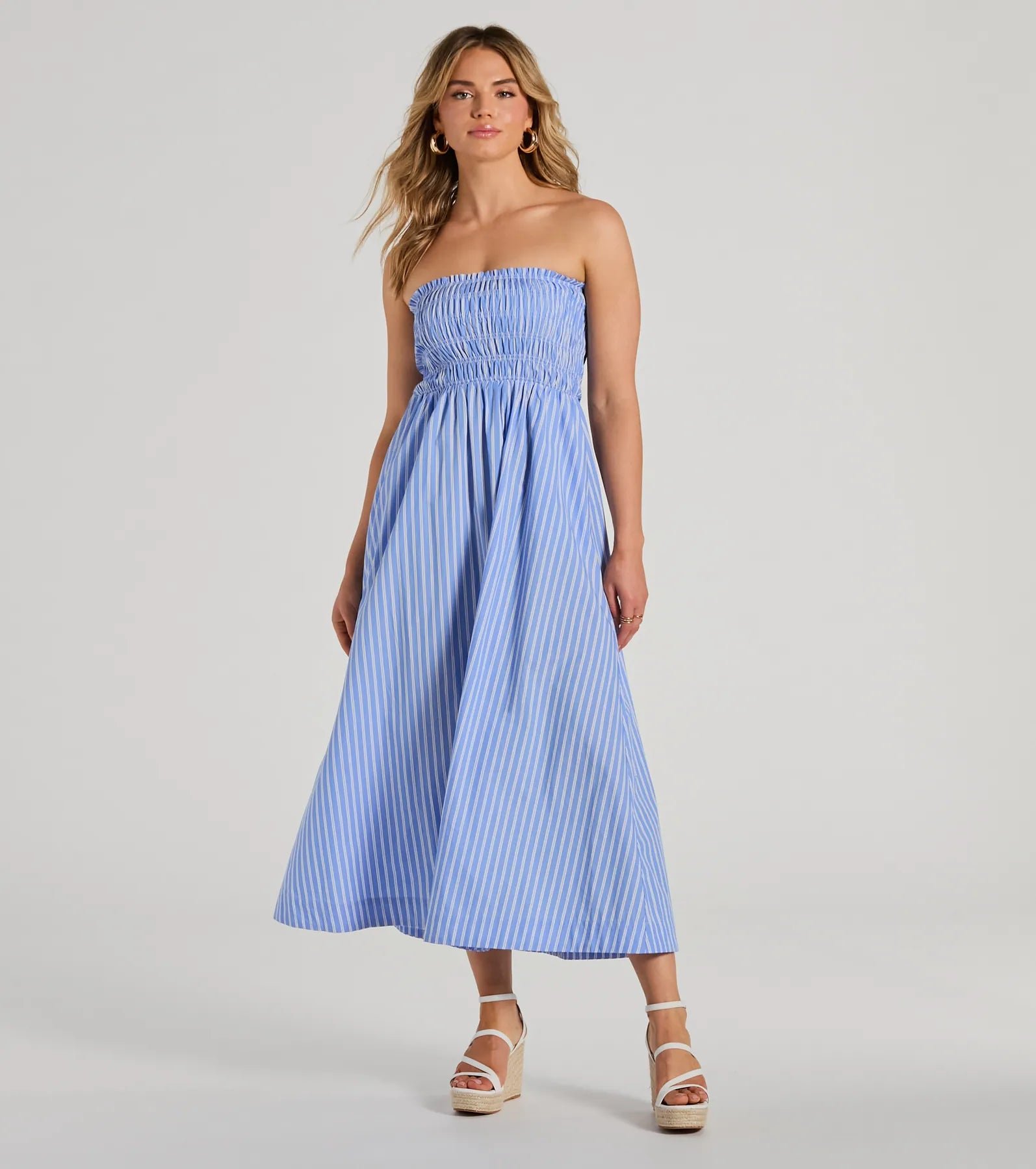 05102-5802_1_BLUE_SignatureStripesStraplessALineMaxiDress Signature Stripes Strapless A-Line Maxi Dress - Image 1