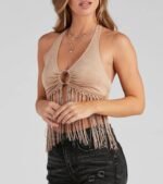 O-Ring Faux Suede Halter Top - Image 2