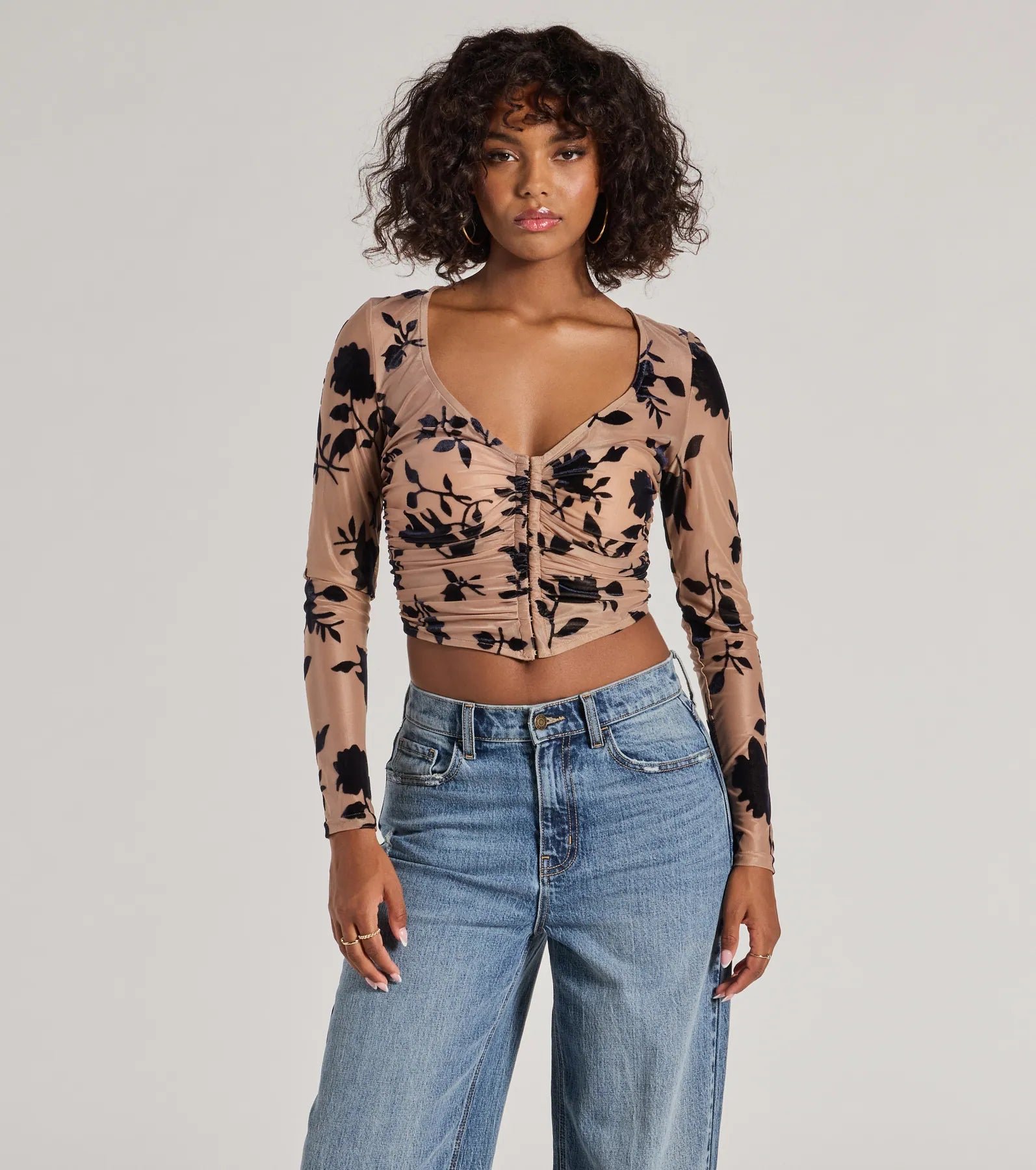 06001-5218_1_NUDE_CharmingFlockedFloralMeshLongSleeveCorsetTop Charming Flocked Floral Mesh Long Sleeve Corset Top - Image 1