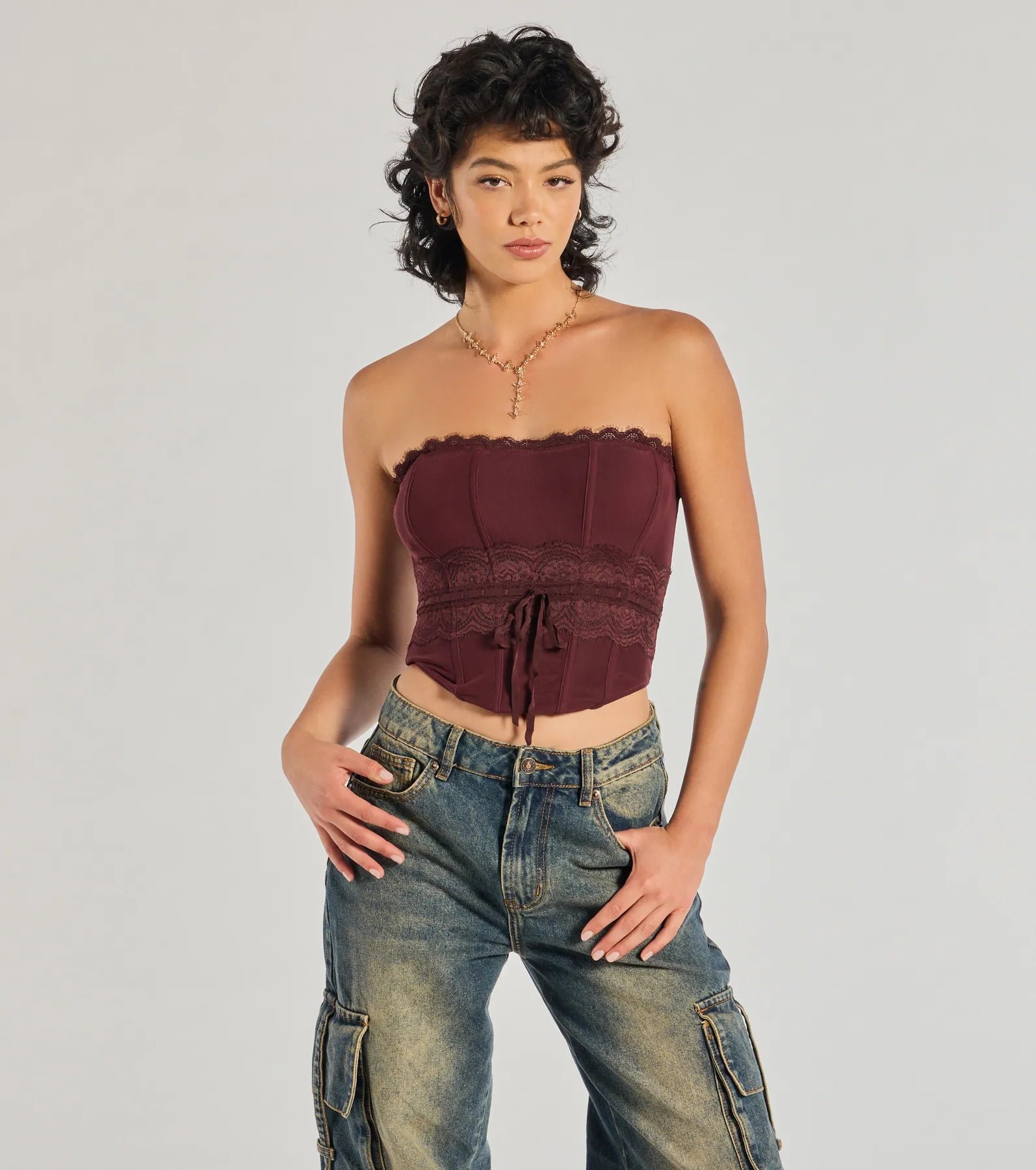 06001-5493_1_WINE_ChicAttitudeLaceTrimMeshCorsetTop Chic Attitude Lace Trim Mesh Corset Top - Image 1