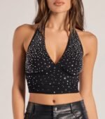 Sparkly Babe Rhinestone Mesh Halter Crop Top - Image 4