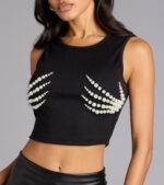 Spooky Chic Pearl Skeleton Hands Cropped Tank Top - Image 8