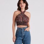 Sultry Boho Print Halter Crop Top