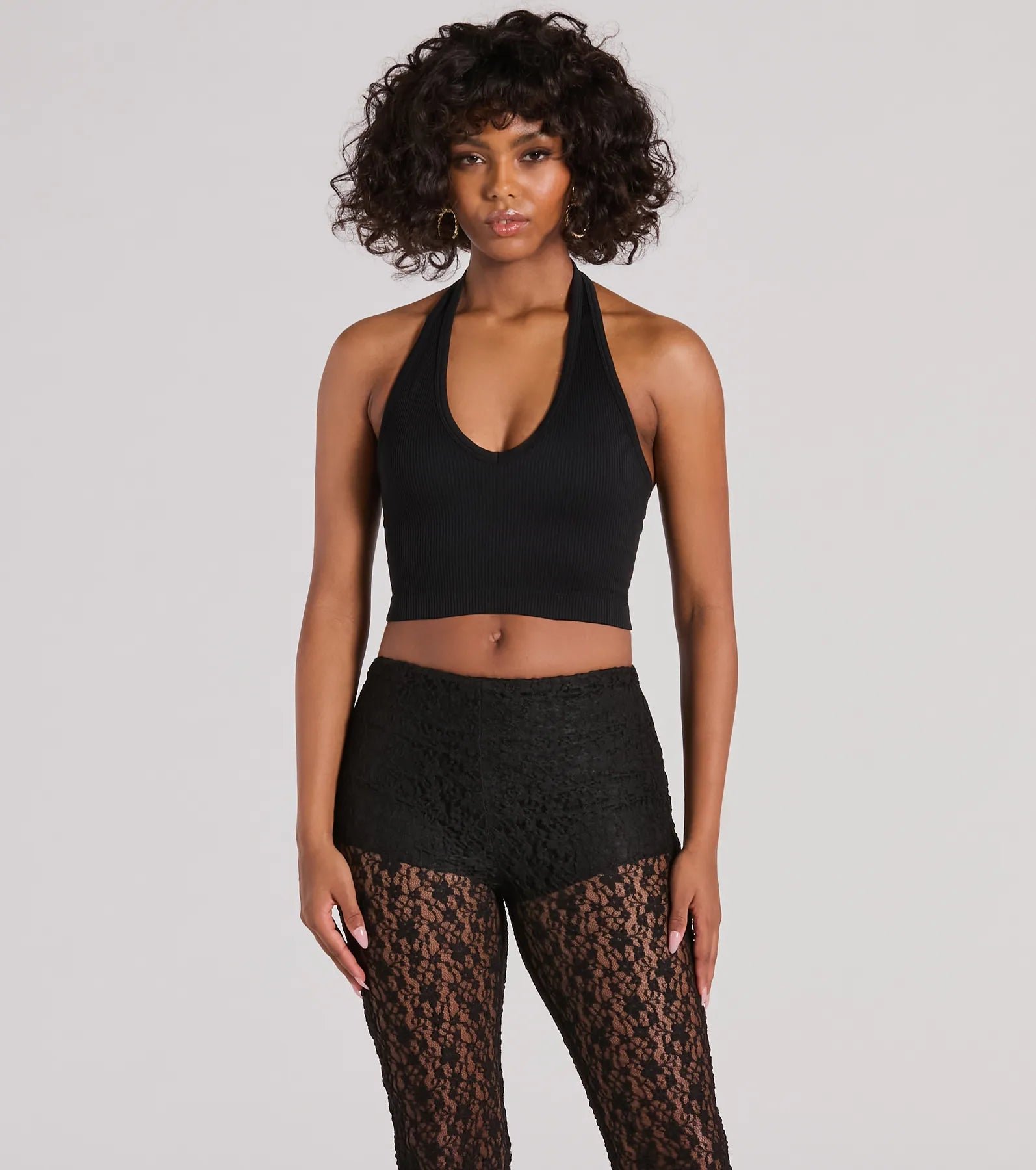 07109-0399_1_BLACK_DayOrNightHalterVNeckCropTop_31928397-d1ab-4df7-a345-12eaa28afbcb Day Or Night Halter V-Neck Crop Top - Image 1