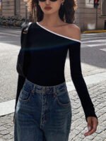 Vibemartini Contrast Trim Off Shoulder Long Sleeve Shirt - Image 2