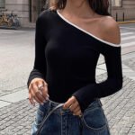 Vibemartini Contrast Trim Off Shoulder Long Sleeve Shirt