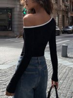Vibemartini Contrast Trim Off Shoulder Long Sleeve Shirt - Image 3