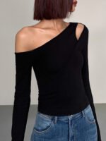 Vibemartini Cut Out Asymmetric Off Shoulder Slinky Long Sleeve Shirt - Image 2