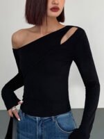 Vibemartini Cut Out Asymmetric Off Shoulder Slinky Long Sleeve Shirt - Image 3