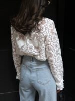 Vibemartini Semi-Sheer Lace Embroidery Floral Mock Neck T-Shirt - Image 3