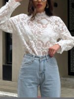 Vibemartini Semi-Sheer Lace Embroidery Floral Mock Neck T-Shirt - Image 2
