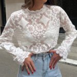 Vibemartini Semi-Sheer Lace Embroidery Floral Mock Neck T-Shirt