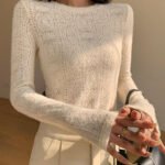 Vibemartini Floral Hollow Knit Crew Neck Long Sleeve Top