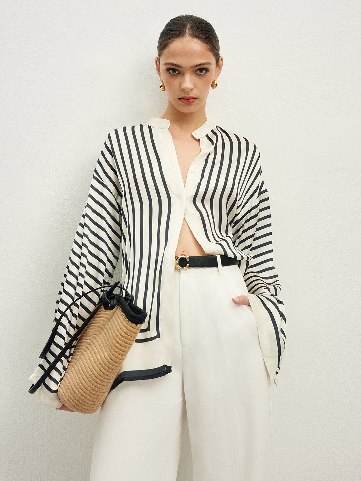B1723706852196 Vibemartini Satin Striped Button Cozy Blouse - Image 1