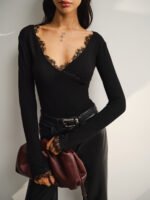 Vibemartini V-Neck Lace Trim Skinny T-Shirt