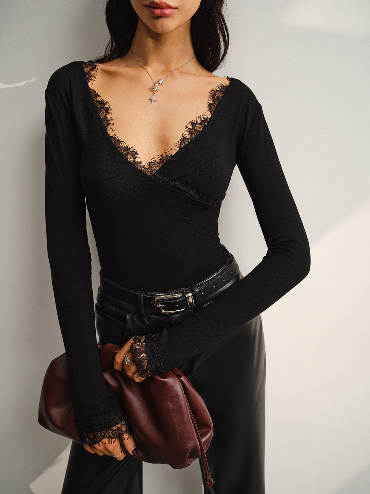 B1735613455409 Vibemartini V-Neck Lace Trim Skinny T-Shirt - Image 1