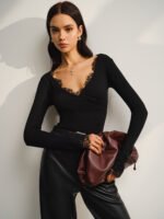 Vibemartini V-Neck Lace Trim Skinny T-Shirt - Image 5