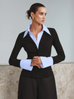 Vibemartini Mock Two-Piece Long-Sleeve Two Tone Polo Top - Image 7