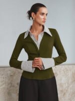 Vibemartini Mock Two-Piece Long-Sleeve Two Tone Polo Top - Image 9