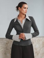 Vibemartini Mock Two-Piece Long-Sleeve Two Tone Polo Top - Image 13