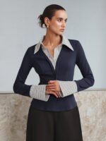 Vibemartini Mock Two-Piece Long-Sleeve Two Tone Polo Top - Image 11