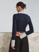 Vibemartini Mock Two-Piece Long-Sleeve Two Tone Polo Top - Image 12