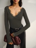 Vibemartini V-Neck Lace Trim Skinny T-Shirt - Image 7