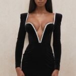 deep V-wrapped hip black gold velvet open back dress