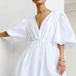 White satin high waist lantern puff sleeve dress
