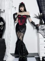 Black Fairy Grunge Women Gothic Velvet Lace Stitching Fall Sexy Fishtail Skirt - Image 2