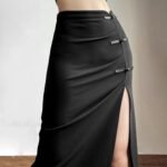 Black Sexy Women A-line Slits High Waist Slim Hip-covering Solid Mid-length Long Streetwear Skirt - Image 3