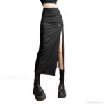 Black Sexy Women A-line Slits High Waist Slim Hip-covering Solid Mid-length Long Streetwear Skirt - Image 4