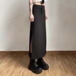 Dark Y2K Streetwear Black Cargo Midi Skirt with High Waist and Split Design - Image 2