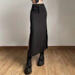 Dark Y2K Streetwear Black Cargo Midi Skirt with High Waist and Split Design - Image 3