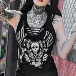 Gothic Dark Skull Printed Woven Vintage Black Summer Streetwear Crop Top