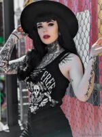 Gothic Dark Skull Printed Woven Vintage Black Summer Streetwear Crop Top - Image 3