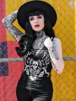 Gothic Dark Skull Printed Woven Vintage Black Summer Streetwear Crop Top - Image 2