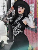Gothic Dark Skull Printed Woven Vintage Black Summer Streetwear Crop Top - Image 4