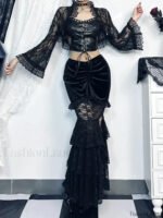 Gothic Folding Fishtail Velvet Skirt with Lace Patchwork - Image 14