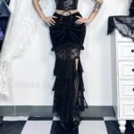 Gothic Folding Fishtail Velvet Skirt with Lace Patchwork - Image 8