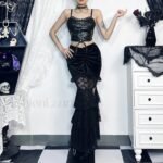 Gothic Folding Fishtail Velvet Skirt with Lace Patchwork - Image 4